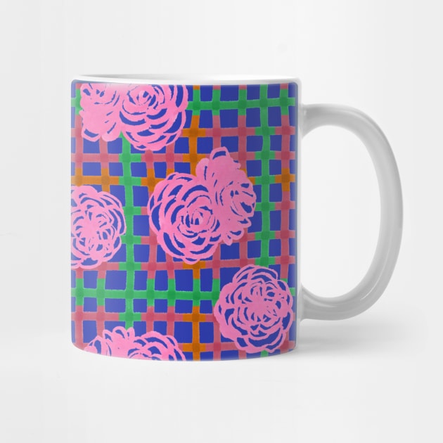 Roses on Plaid Pattern - Blue by MitaDreamDesign